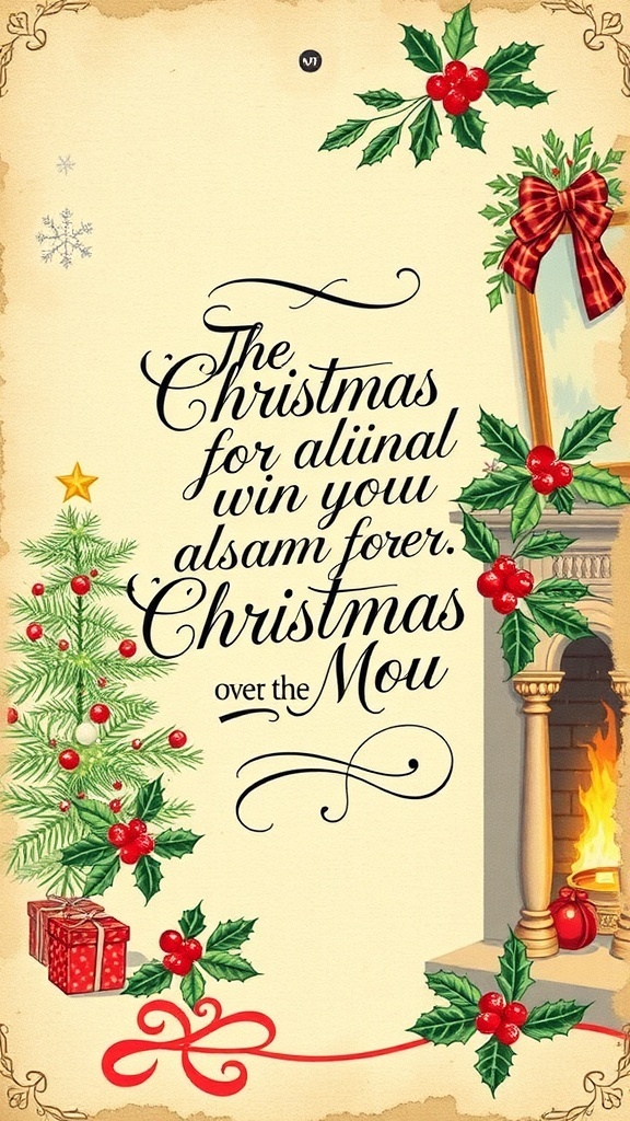 A vintage Christmas card with a decorated tree and festive quote, surrounded by holly.